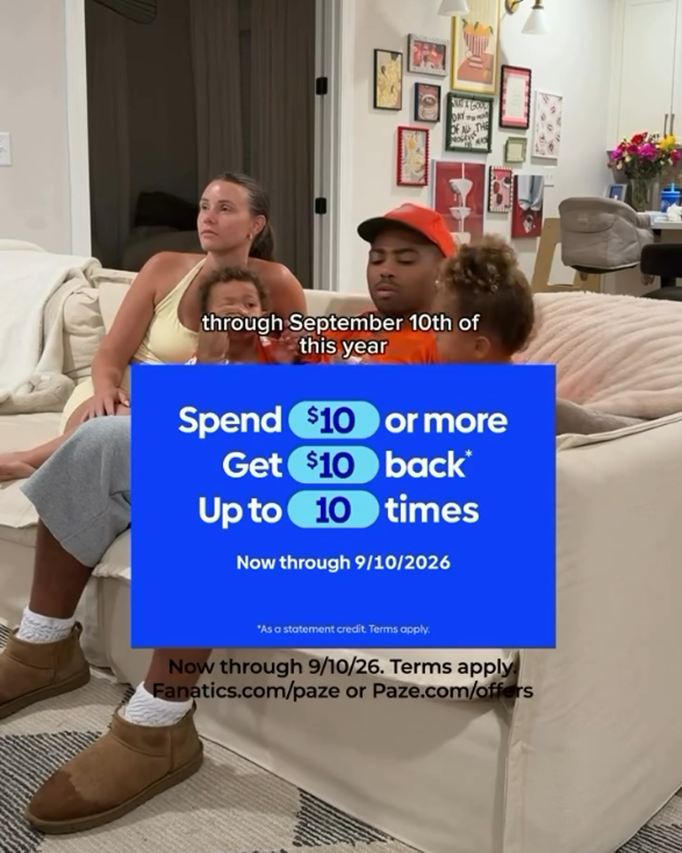 A family sitting on a couch watching TV with an overlay of Paze's offer.