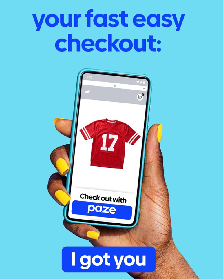 A hand holding a phone that's showing a football jersey being purchased with Paze.