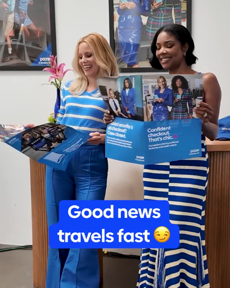 Elizabeth Banks and Gabrielle Union reading Paze branded booklets with them on it. Text overlay good news travels fast.