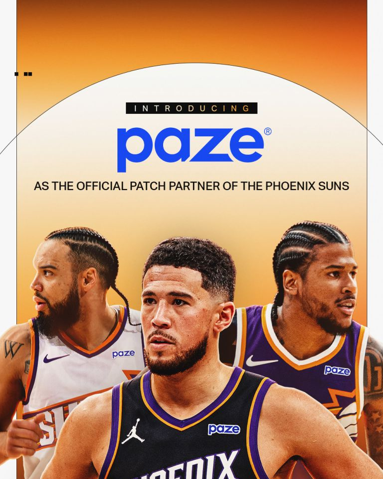 Phoenix Suns players wear a Paze logo on their jerseys.